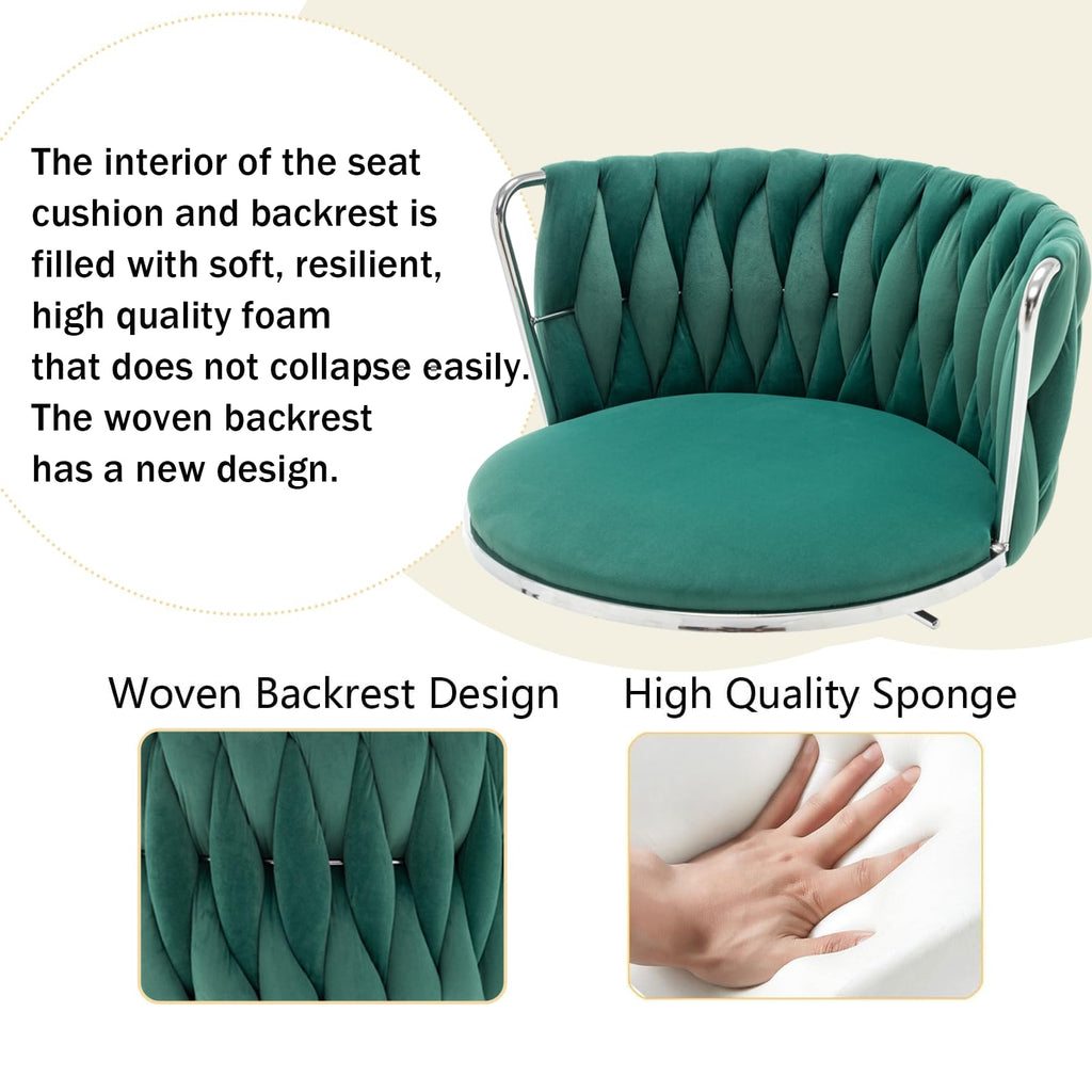 Velvet Bar Stools Set of 2, Swivel Counter Height Bar Stools with Back, Adjustable Woven Barstools for Kitchen Island, Pub, Club (Green)