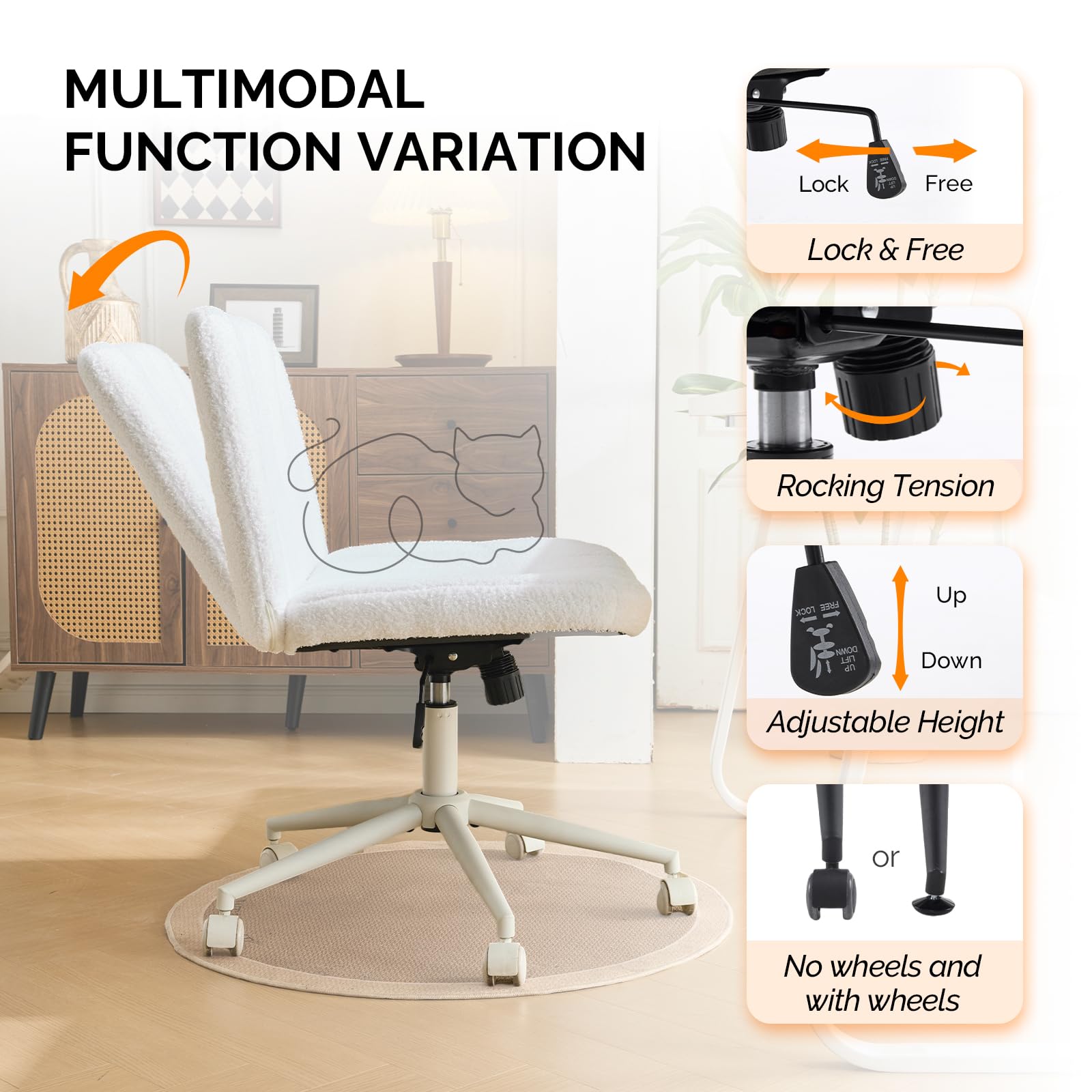 Criss Cross Legged Chair,Wide Comfy Office Desk Chair,Dual-Use with/no Wheels Computer Task Chair,Swivel Armless Vanity Boucle Chair for Study,Make Up,Home Office,Teddy Fleece,White