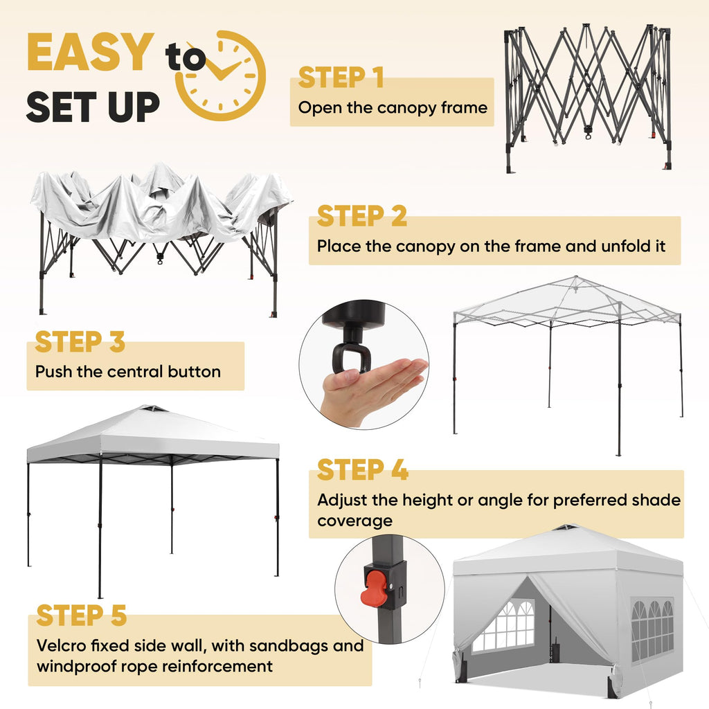 12x12 Pop Up Canopy Tent with 4 Sidewalls, Easy Set up with One Push Lift Gazebo with Wheel Bag and4 Sandbags,Carpas for Events, Parties,Camping, White.
