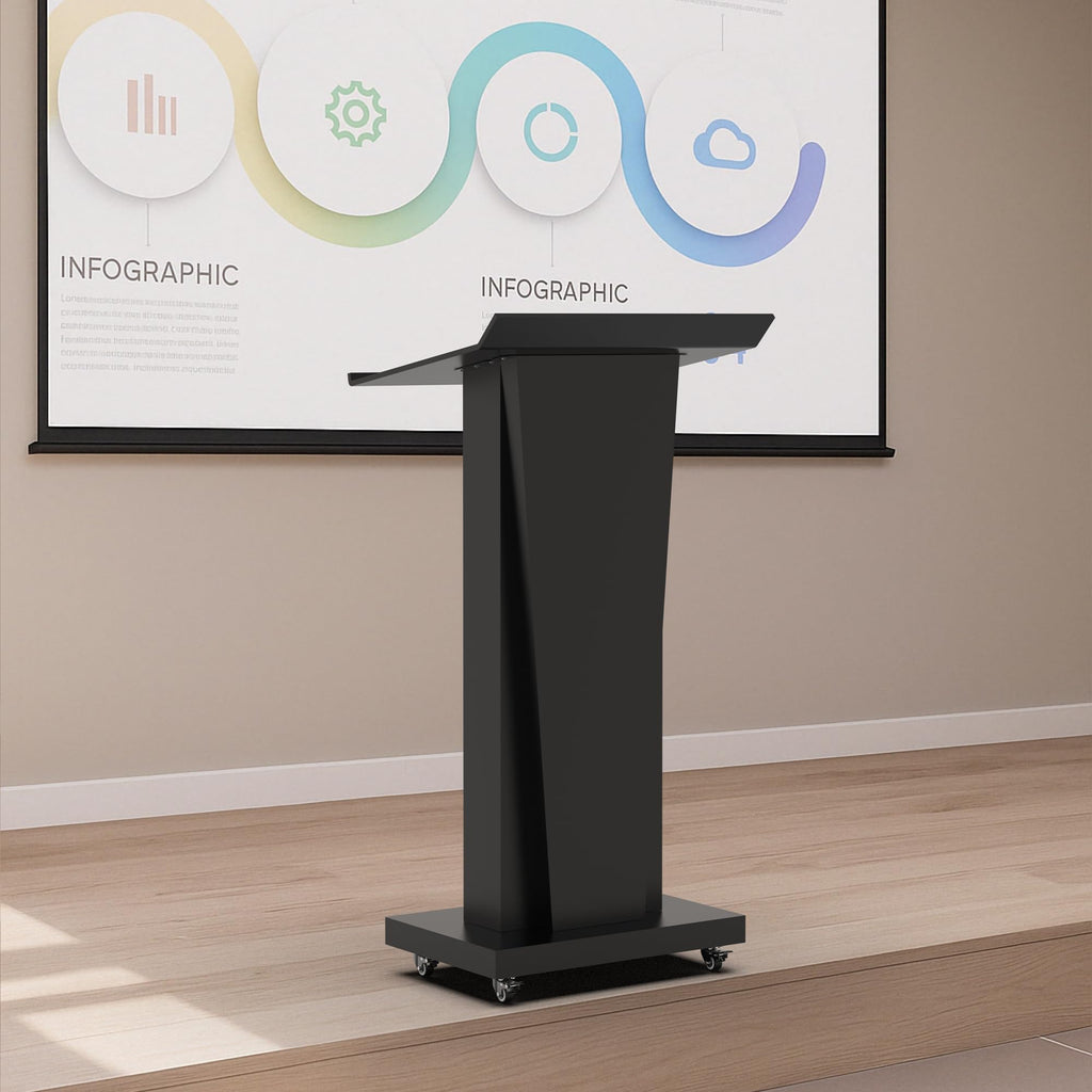 Metal Podium Stand with Wheels, Heavy-Duty Rolling Lectern for Classroom, Church & Office Presentations, Large Top, Locking Casters, Stable Base