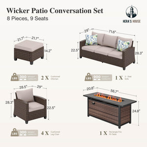 Patio Furniture Set, Outdoor Wicker Furniture with Fire Pit, 8 Pieces Deep Seating Outdoor Conversation Sofa Sets with Thick Cushions for Deck Backyard Lawn, Beige