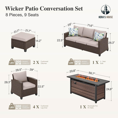 Patio Furniture Set, Outdoor Wicker Furniture with Fire Pit, 8 Pieces Deep Seating Outdoor Conversation Sofa Sets with Thick Cushions for Deck Backyard Lawn, Beige