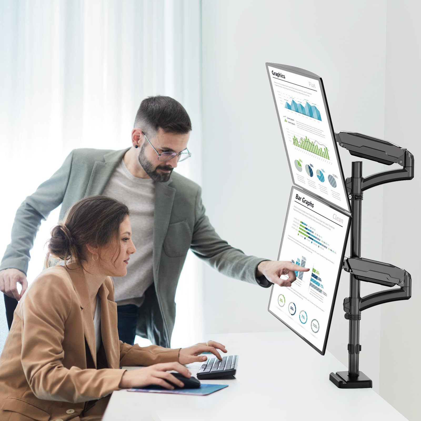 Vertical Dual Monitor Mount, Stacked Monitor Stand for 2 Computer Screens up to 32 inches, Full Motion Adjustable Tall Display Desk Mount, Each Arm Holds up to 17.6lbs, VESA Mount