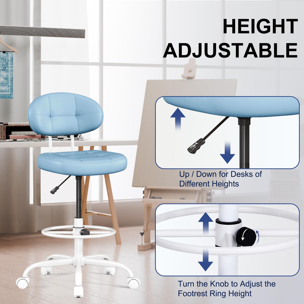 Drafting Chair, Armless Tall Office Chair with Footrest Ring for Standing Desk, Small Faux Leather Executive Computer Chair with Adjustable Height for Bar Lab Counter Height Desk, Blue