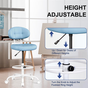 Drafting Chair, Armless Tall Office Chair with Footrest Ring for Standing Desk, Small Faux Leather Executive Computer Chair with Adjustable Height for Bar Lab Counter Height Desk, Blue