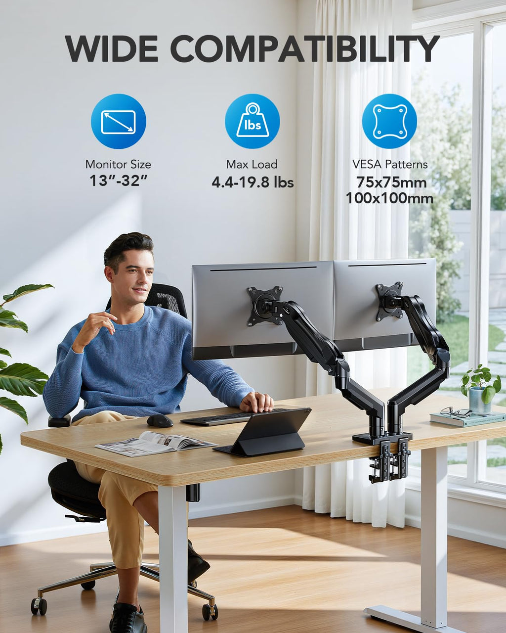 Dual Monitor Stand, Fully Adjustable Gaming Monitor Desk Mount for 13–32″ Computer Screens, Full Motion VESA 75x75/100x100 with C-Clamp & Grommet Base, Each Arm Holds 4.4 to 19.8 lbs