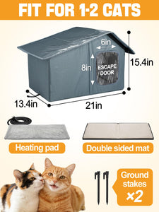 Weatherproof Heated Cat Houses for Outdoor Cats - Insulated Cat Shelter for Winter with Thermostatic Heating Pad and Escape Door, Warm Outside Pet House Gift for 1-2 Feral Cats (Medium)