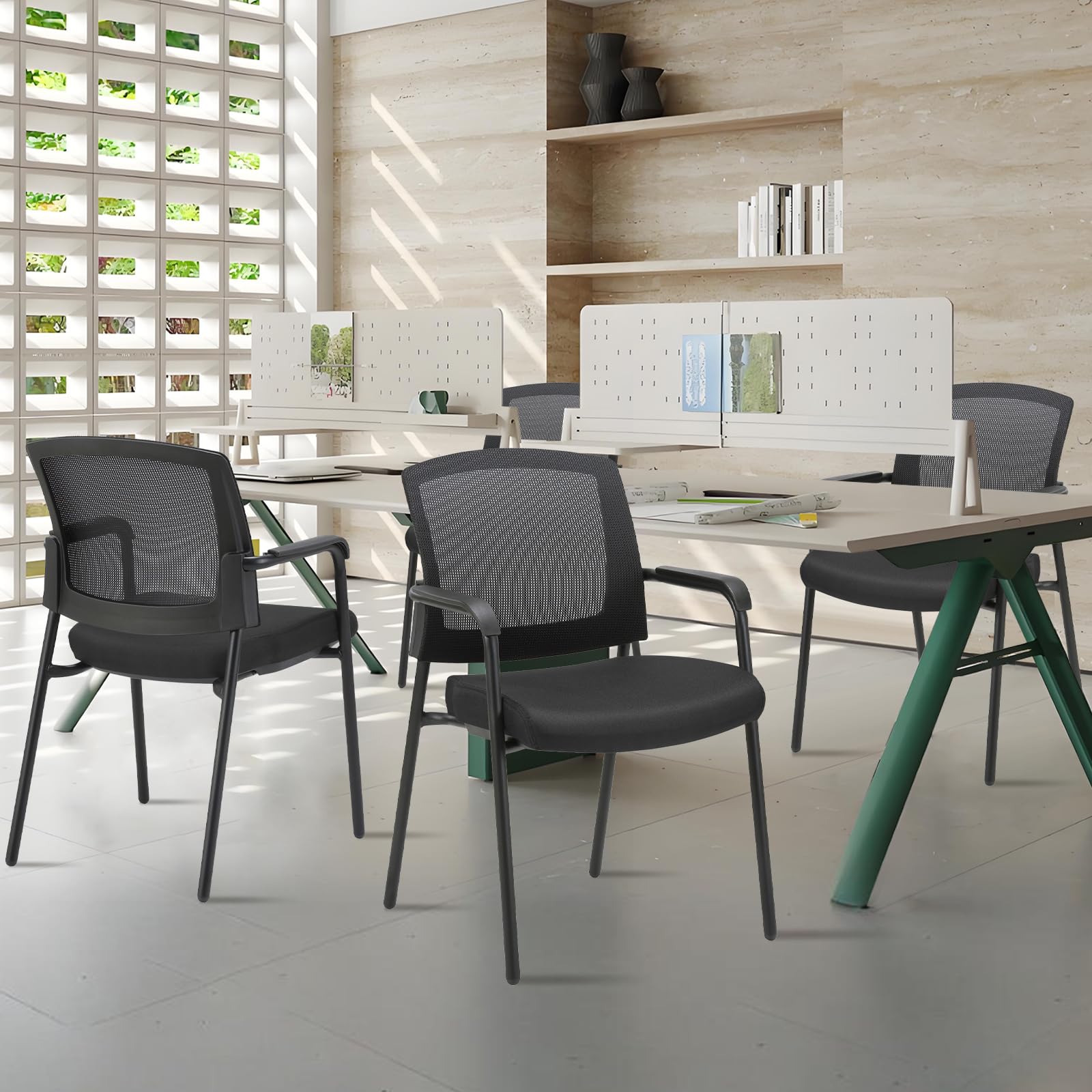 Black Stacking Chairs Stackable Waiting Room Chairs with Armrest, Mesh Office Reception Guest Chair for Home Desk Conference Lobby Church Medical Meeting Training Ergonomic, Set of 8