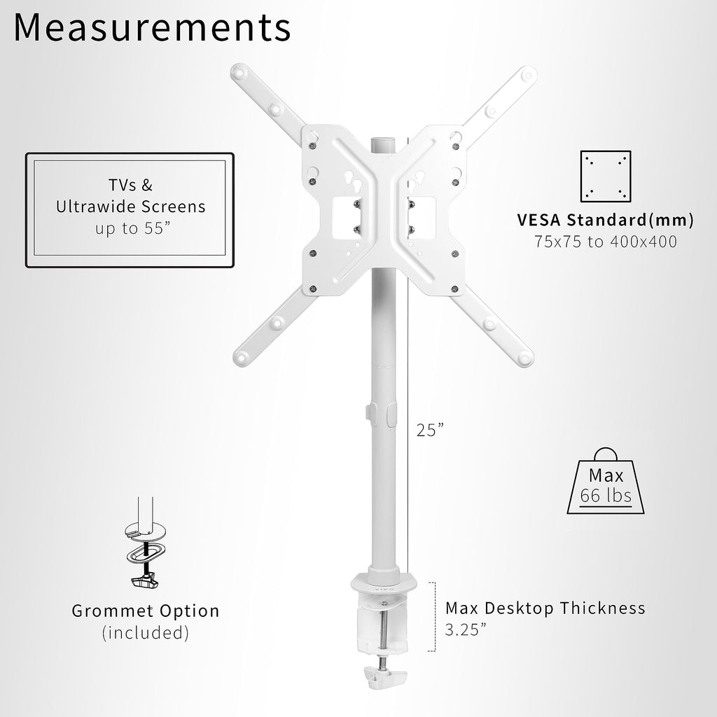 Ultra Wide TV Desk Mount for up to 55 inch Screens Weighing 66 lbs, Full Motion Height Adjustable Single Television Stand, White, STAND-V155CW