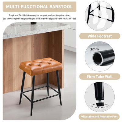 Counter Height Bar Stools Set of 2, 24 Inch Bar Stools for Kitchen Island, Farmhouse Bar Stool for Counter, Modern Kitchen Stools with Sturdy Metal Base and Thickened Cushion, Brown