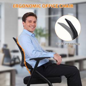 Ergonomic Foldable Office Chair with Breathable Mesh Back, Stackable Conference Chair - PU Wheels & Armrest for Guest, Meeting, Reception (Black)