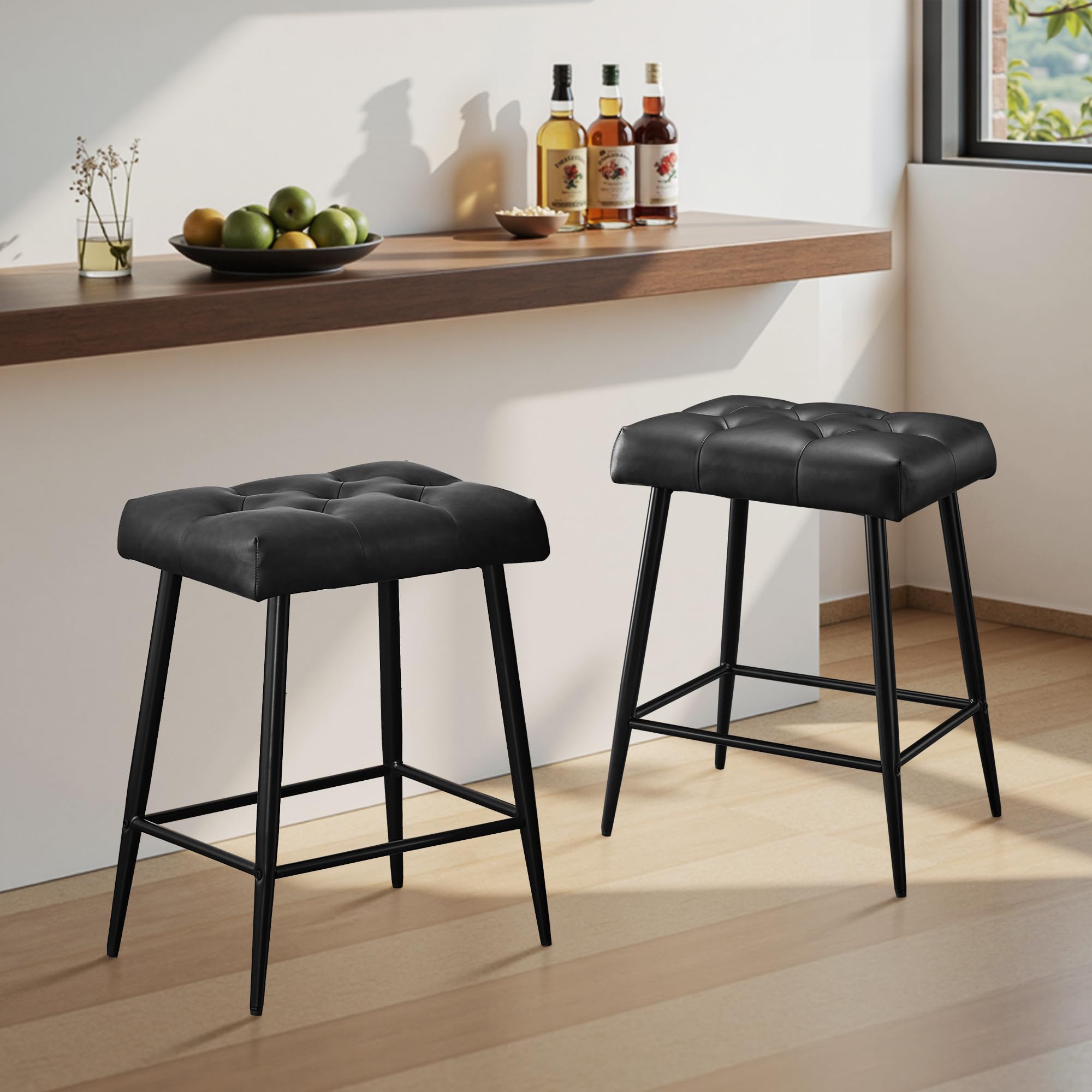 Bar Stools Set of 2, 24 Inch Bar Stool for Kitchen Island, Modern Counter Height Bar Stools for Kitchen Counter, Bar Chairs with Sturdy Metal Base and Adjustable Foot Pins, Black