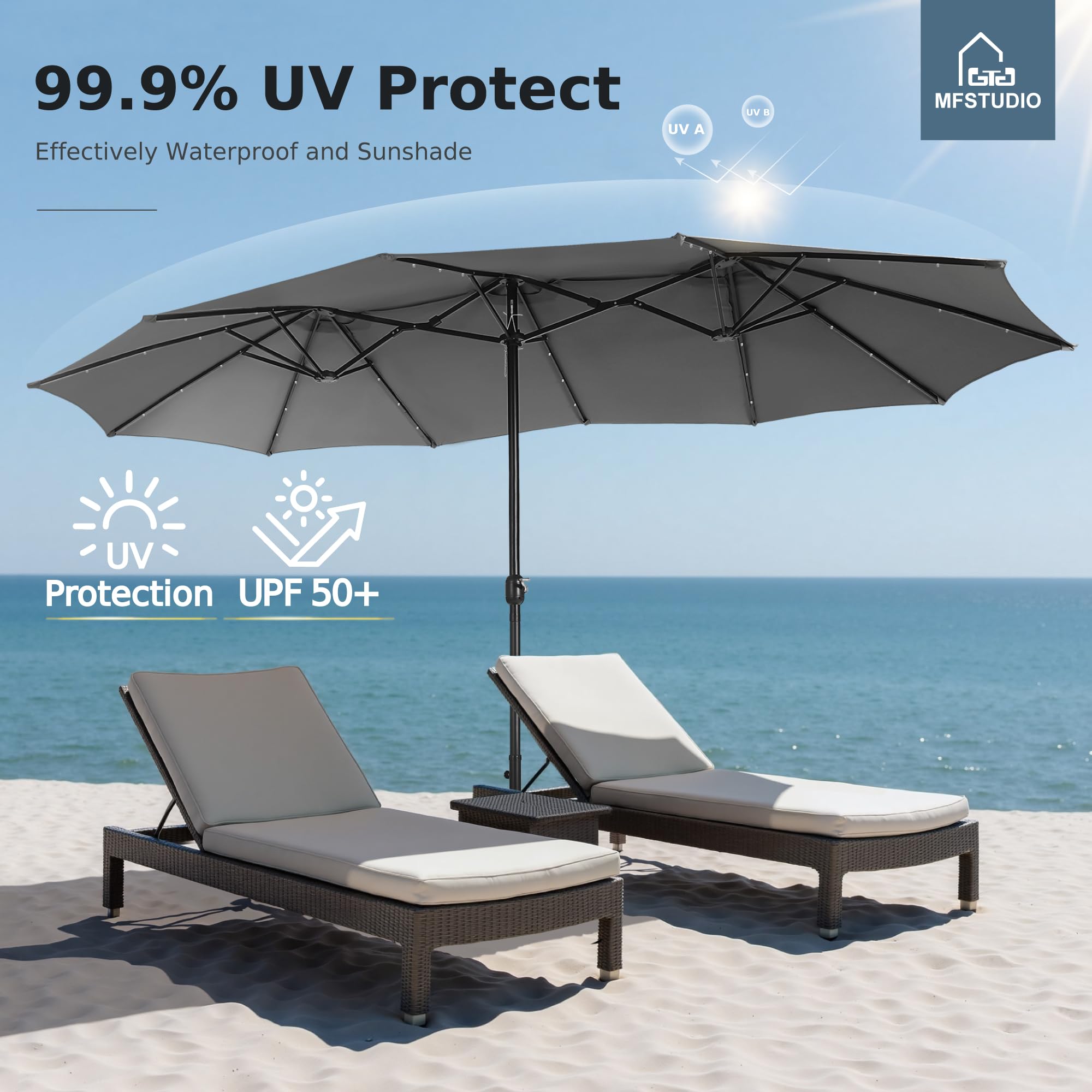 15ft Double Sided Patio Umbrella with Solar Lights, Outdoor Large Umbrellas with Crank Handle and 36 LED Lights, Rectangular Market Umbrella with Base Included for Deck Pool Shade, Smoky Gray