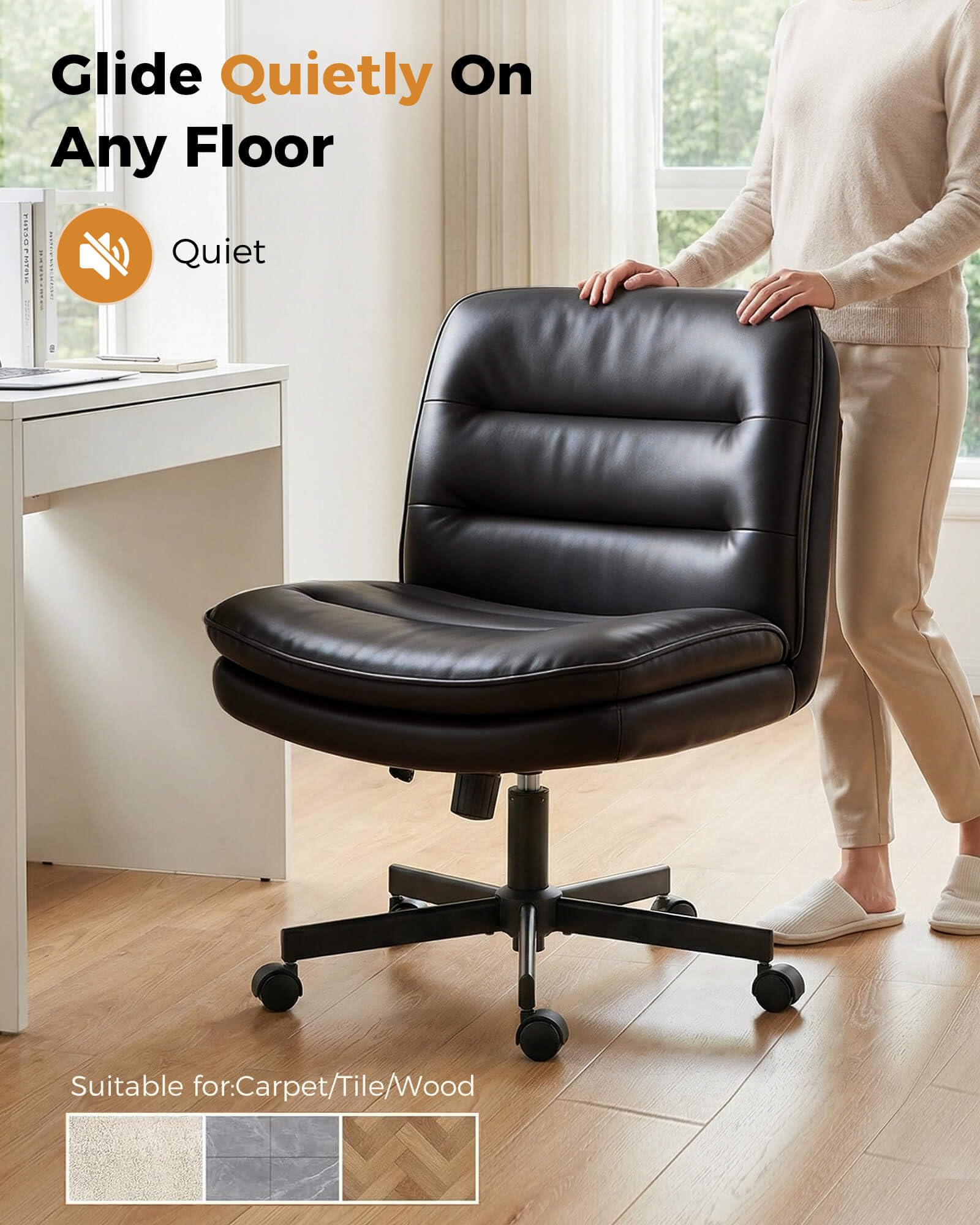 Cross Legged Office Chair with Wheels Armless Office Desk Chair, Modern Vanity Computer Task Chairs for Home Bedroom, Comfortable Wide Seat for Lower Back Pain Relief, PU Leahter, Black