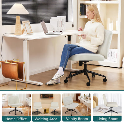 Criss Cross Chair with Wheels Wide Cross Legged Office Desk Vanity Chair Comfy Fabric Armless Adjustable Swivel for Home Computer Task PU Beige