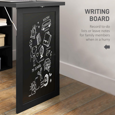 Fold-Out Convertible Writing Table, Computer Desk with Blackboard and Side Shelf Multi-Function Home Office Workstation, Black