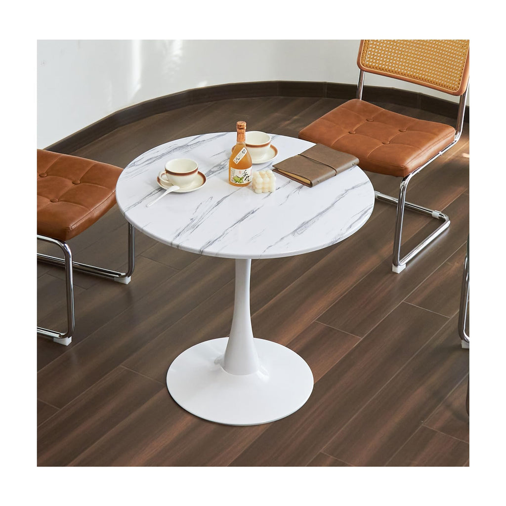 Round Dining Table, 31.5" Circle Tulip Table with Thickened Tabletop & Metal Pedestal, Mid Century Modern Bistro Table for Kitchen, Small Places, Living Room, Cafe (Marble Pattern White)