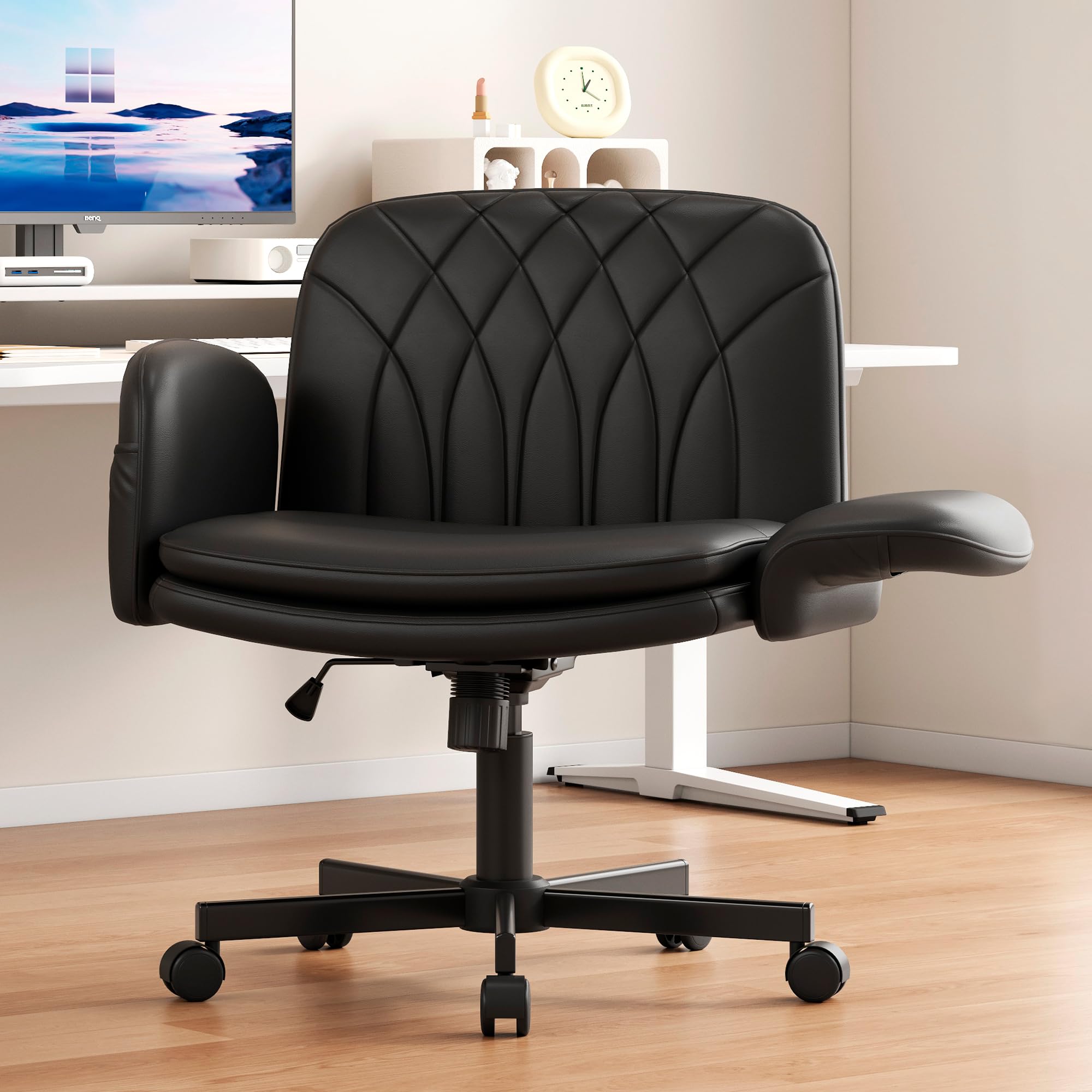 Criss Cross Chair with Armrests & Wheels for Cross-Legged Sitting, Comfortable PU Leather Vanity Chair, Office Desk Chairs with Adjustable Rocking Function, for Home, Bedroom Black