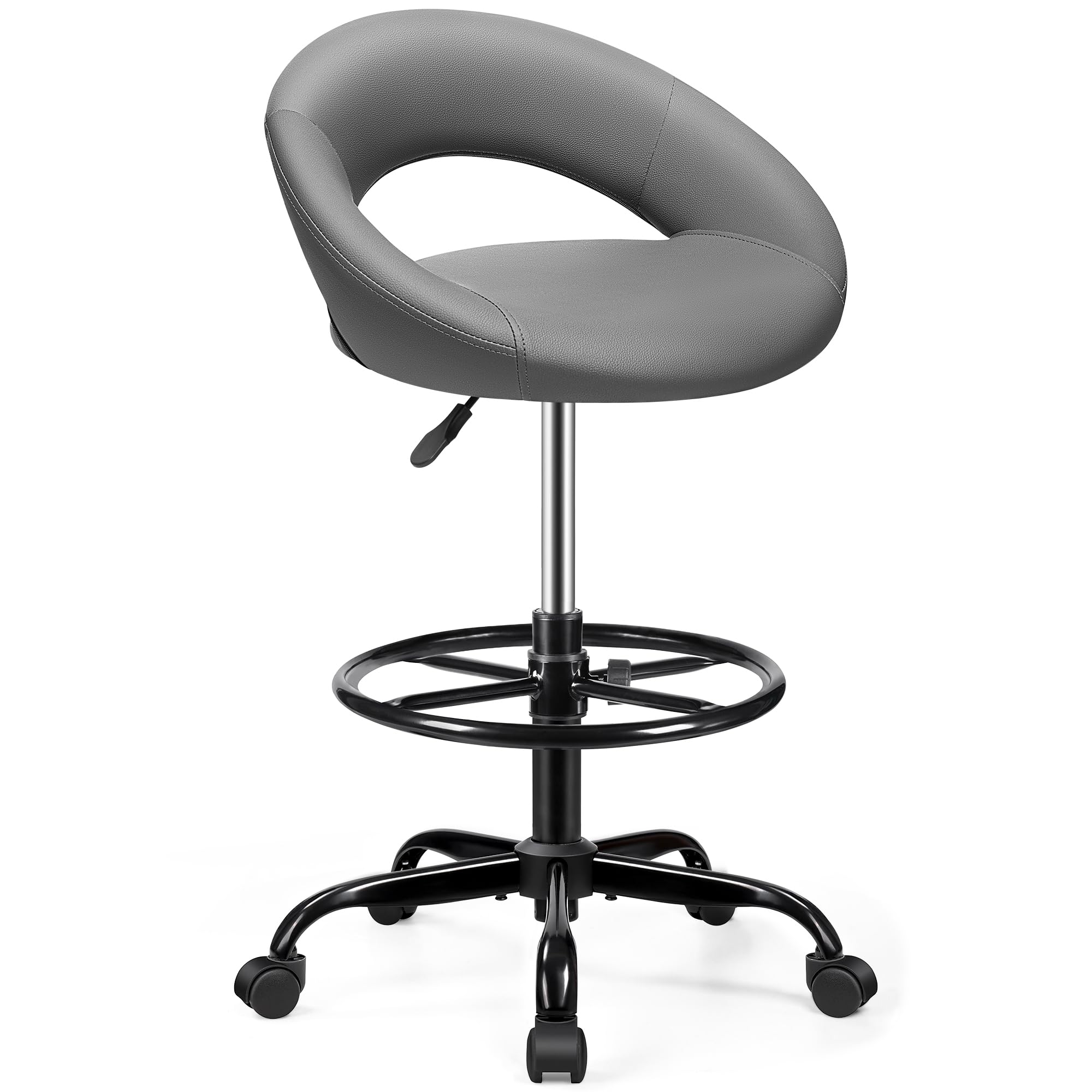 Drafting Chair for Standing Desk, Height Adjustable Rolling Stool with Backrest & Footrest, Tall 360° Swivel PU Leather Stool Chair with Wheels for Office, Gray