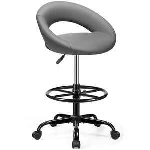 Drafting Chair for Standing Desk, Height Adjustable Rolling Stool with Backrest & Footrest, Tall 360° Swivel PU Leather Stool Chair with Wheels for Office, Gray