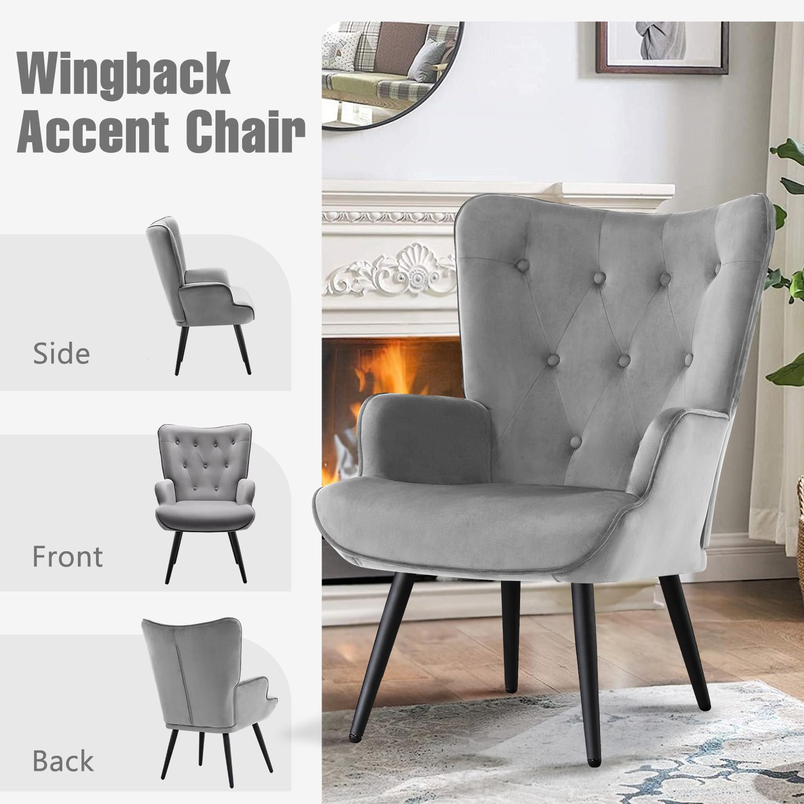 Modern Accent Chair, Velvet Tufted Button Wingback Chair Upholstered Side Armchair Comfy Lounge Chair with Tapered Legs Sofa Leisure Chair for Home Office/Living Room/Bedroom, Grey