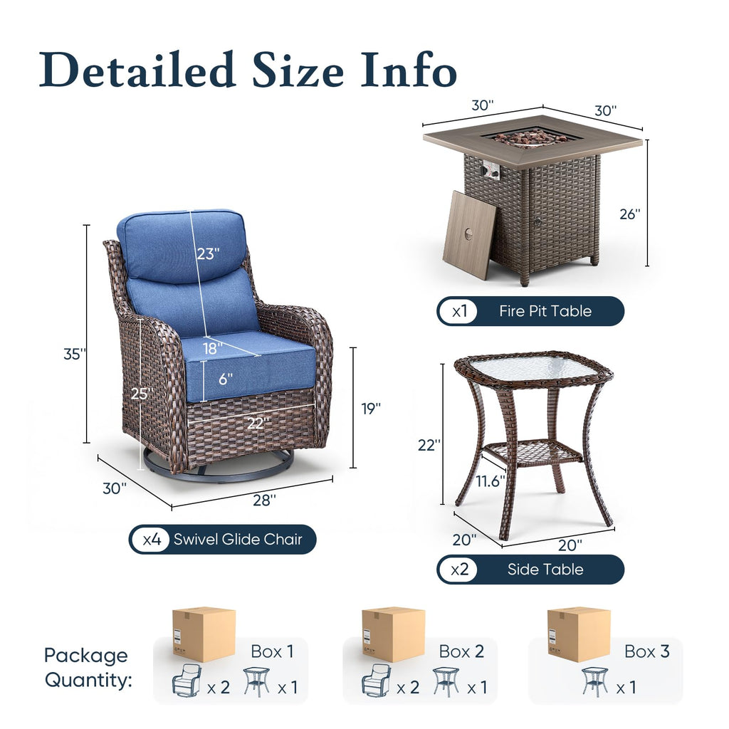 Luxury 6" Thick Cushioned Outdoor Swivel Rocker Chairs Set of 4 with Fire Pit Table, High Back Wicker Patio Furniture Set with Ergonomic Zone Back, Conversation Set for Deck Porch - Brown+Blue