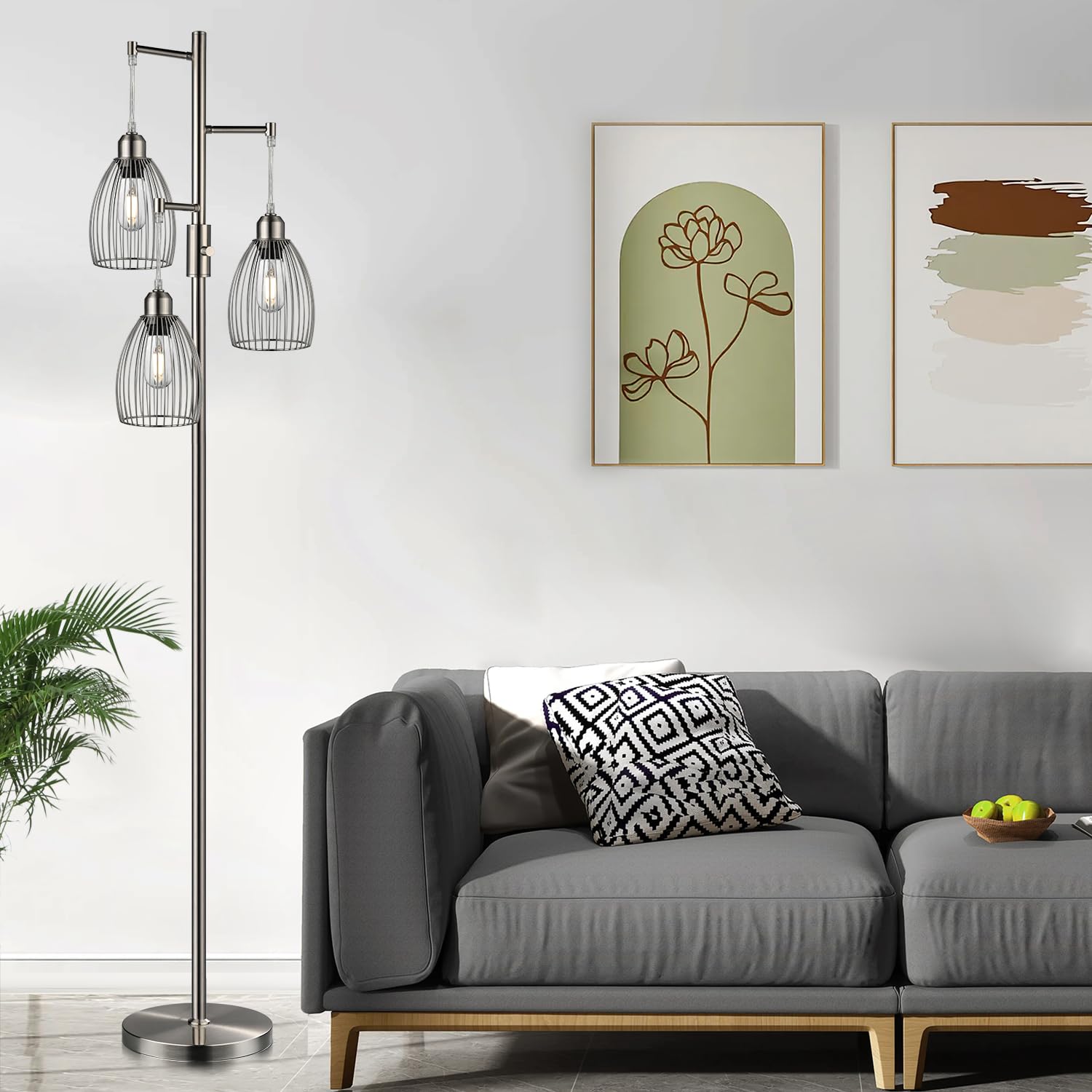 Dimmable Floor Lamp, 3 x 800LM LED Edison Bulbs Included, Industrial Floor Lamp Standing Tree Lamp with Elegant Teardrop Cage Heads Tall Lamps for Living Room Bedroom-Brushed Nickel