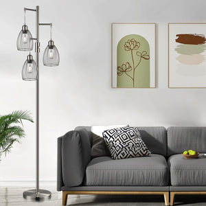 Dimmable Floor Lamp, 3 x 800LM LED Edison Bulbs Included, Industrial Floor Lamp Standing Tree Lamp with Elegant Teardrop Cage Heads Tall Lamps for Living Room Bedroom-Brushed Nickel