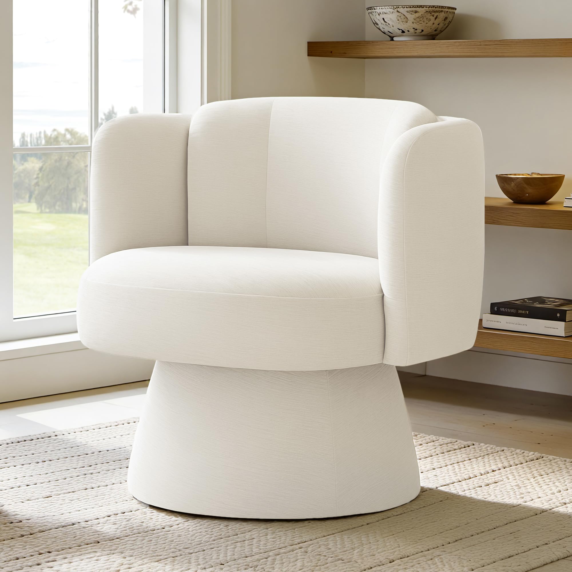 Swivel Barrel Chair,360° Accent Chairs with Round Backrest,Upholstered Lounge Chair for Vanity,Living Room,Bedroom,Reading Nook,Linen