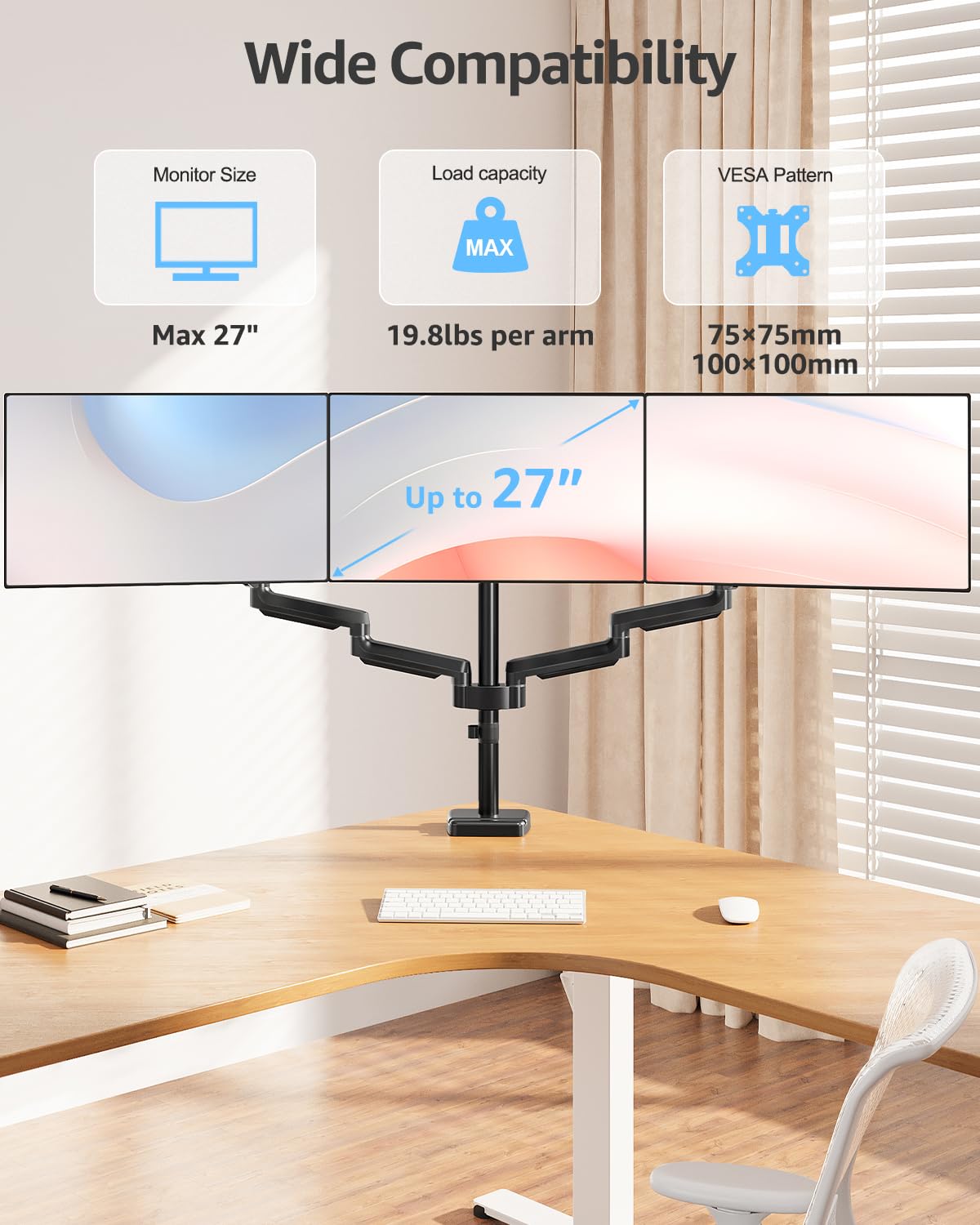 Triple Monitor Stand Mount - 3 Monitors Desk Mount for Computer Screens Up to 27 inch, Triple Monitor Arm, Heavy Duty Monitors Stand, Each Arm Holds 4.4-19.8 lbs, Black