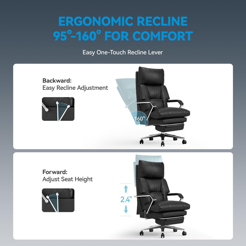 160° Reclining Office Chair with Footrest, 10" Thick Cloud Cushion Executive Desk Chair, Extra Wide Cross-Legged Ergonomic Chair for Big and Tall, Adjustable Seat Depth, Easy Assembly, Black