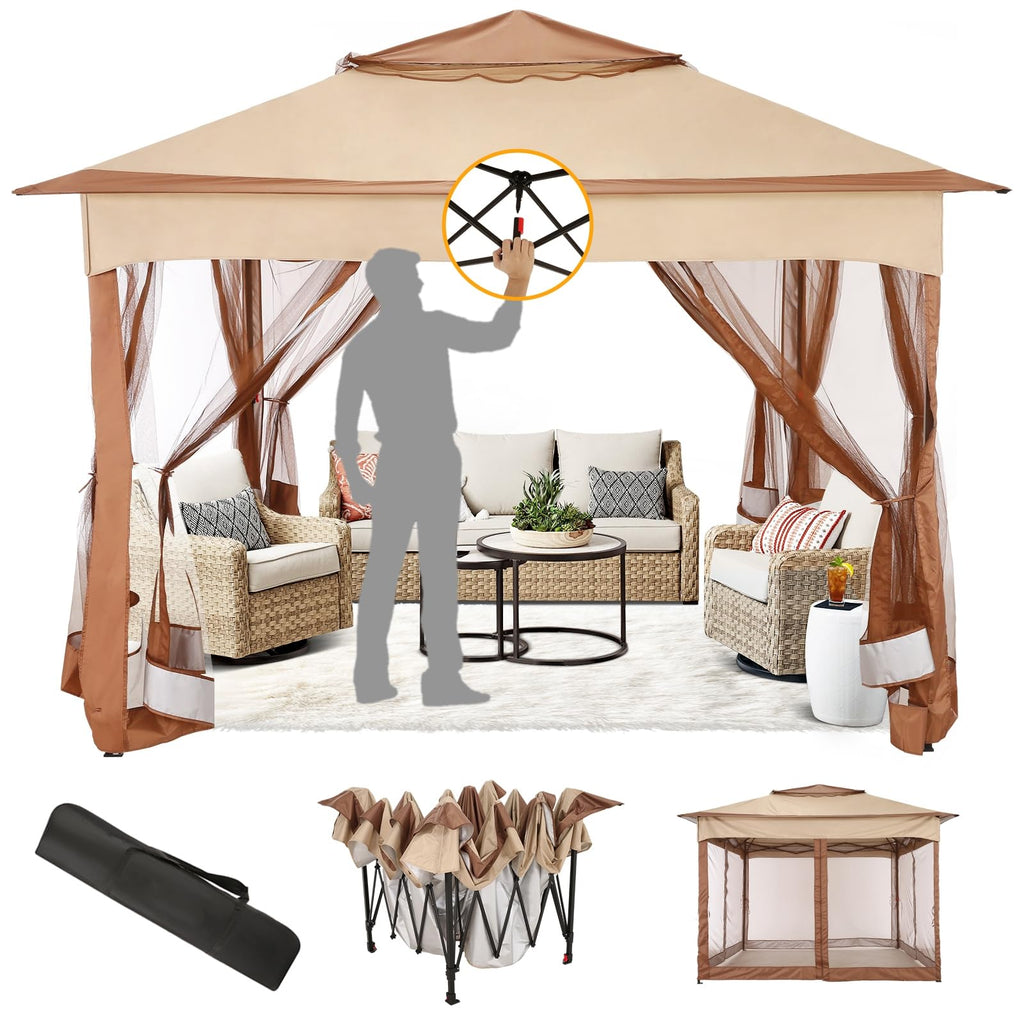 11x11 Pop Up Gazebo Canopy Tent Easy Up Outdoor Gazebo Waterproof Upgrade Portable Gazebo with Mosquito Nettings, Double Vented Roof and Carry Bag for Patio Garden Lawn(Khaki)