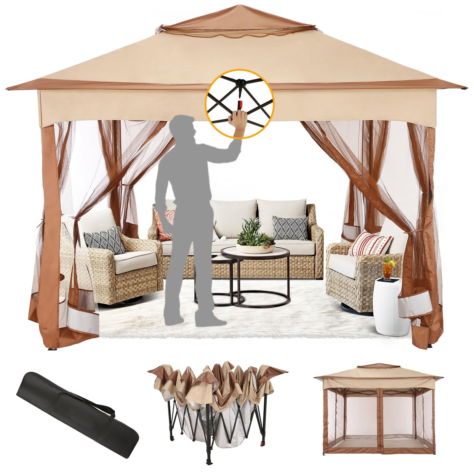 11x11 Pop Up Gazebo Canopy Tent Easy Up Outdoor Gazebo Waterproof Upgrade Portable Gazebo with Mosquito Nettings, Double Vented Roof and Carry Bag for Patio Garden Lawn(Khaki)