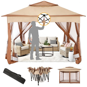 11x11 Pop Up Gazebo Canopy Tent Easy Up Outdoor Gazebo Waterproof Upgrade Portable Gazebo with Mosquito Nettings, Double Vented Roof and Carry Bag for Patio Garden Lawn(Khaki)