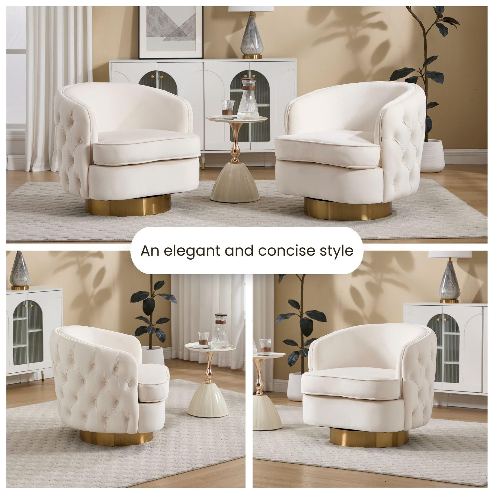 White Swivel Comfy Accent Chair for Living Room, Modern Tufted Velvet Upholstered Round Arm Chair with Tall Backrest, Barrel Side Chairs for Reading Bedroom