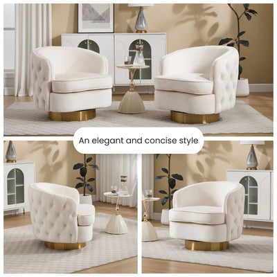 White Swivel Comfy Accent Chair Set of 2, Modern Tufted Velvet Upholstered Round Swivel Barrel Chair for Living Room Bedroom, Barrel Armchair with Tall Backrest