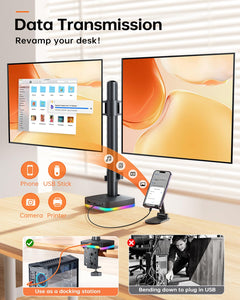 RGB Single Monitor Stand, Monitor Arm with 3 USB Ports, Charging and USB Data Transfer Function, Adjustable Desk Mount for 13