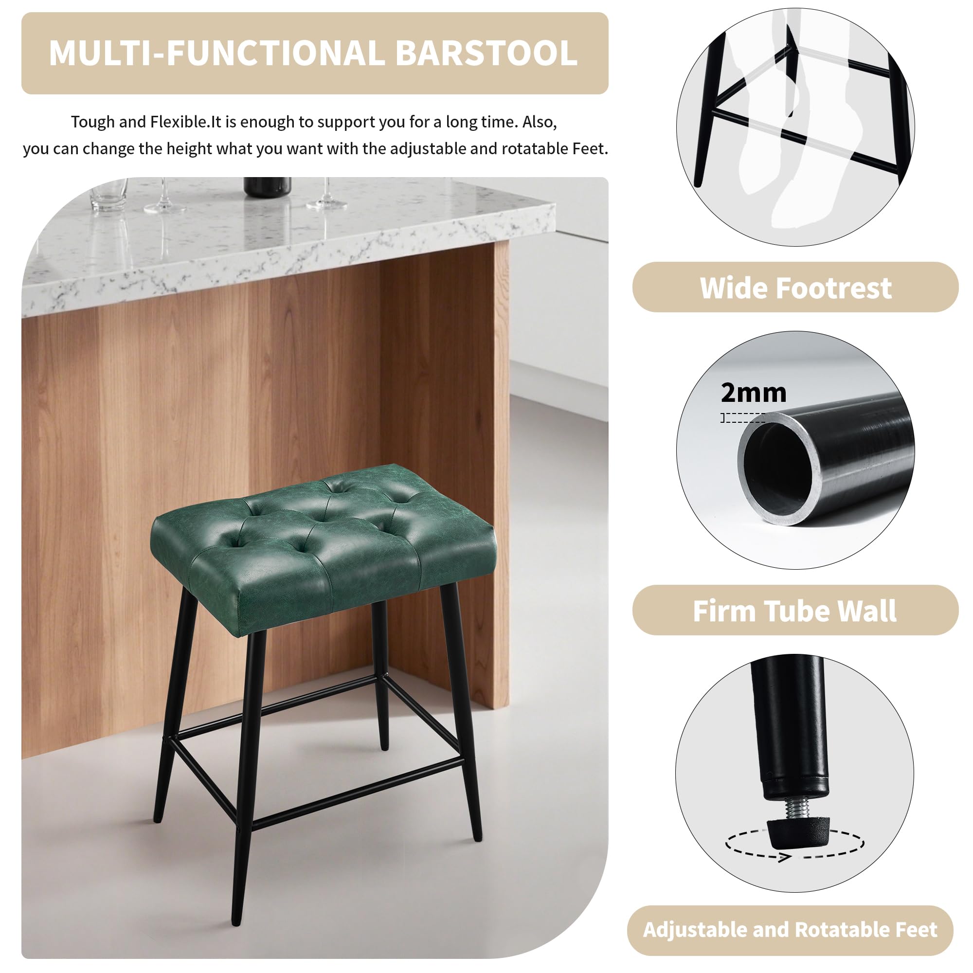 Bar Stools Set of 2, 24 Inch Counter Height Bar Stool for Kitchen Island, Modern Bar Hight Stools with Sturdy Metal Base and Thickened Saddle Cushion, 330Lbs, Green