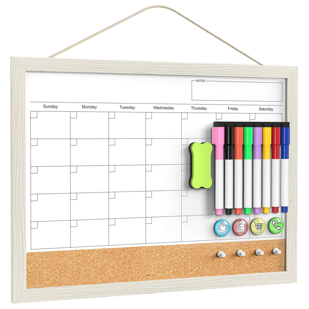 Calendar Whiteboard for Wall, 17x13 Inches Whiteboard Calendar Cork Board Combo, Small Magnetic White Board with Wood Framed, Hanging Dry Erase Board for Kitchen Home Office School Planner