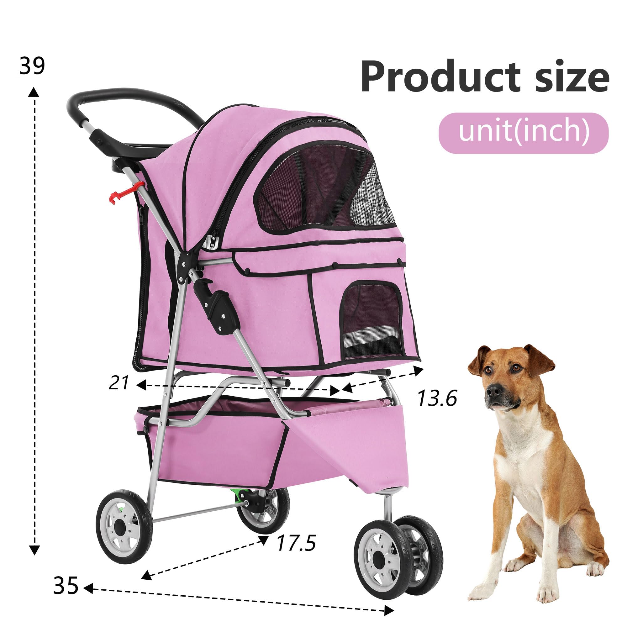 3-Wheel Pet Stroller Foldable Dog Cat Jogger Stroller Durable Travel Folding Carrier with Storage Basket Cup Holder,Peach Pink