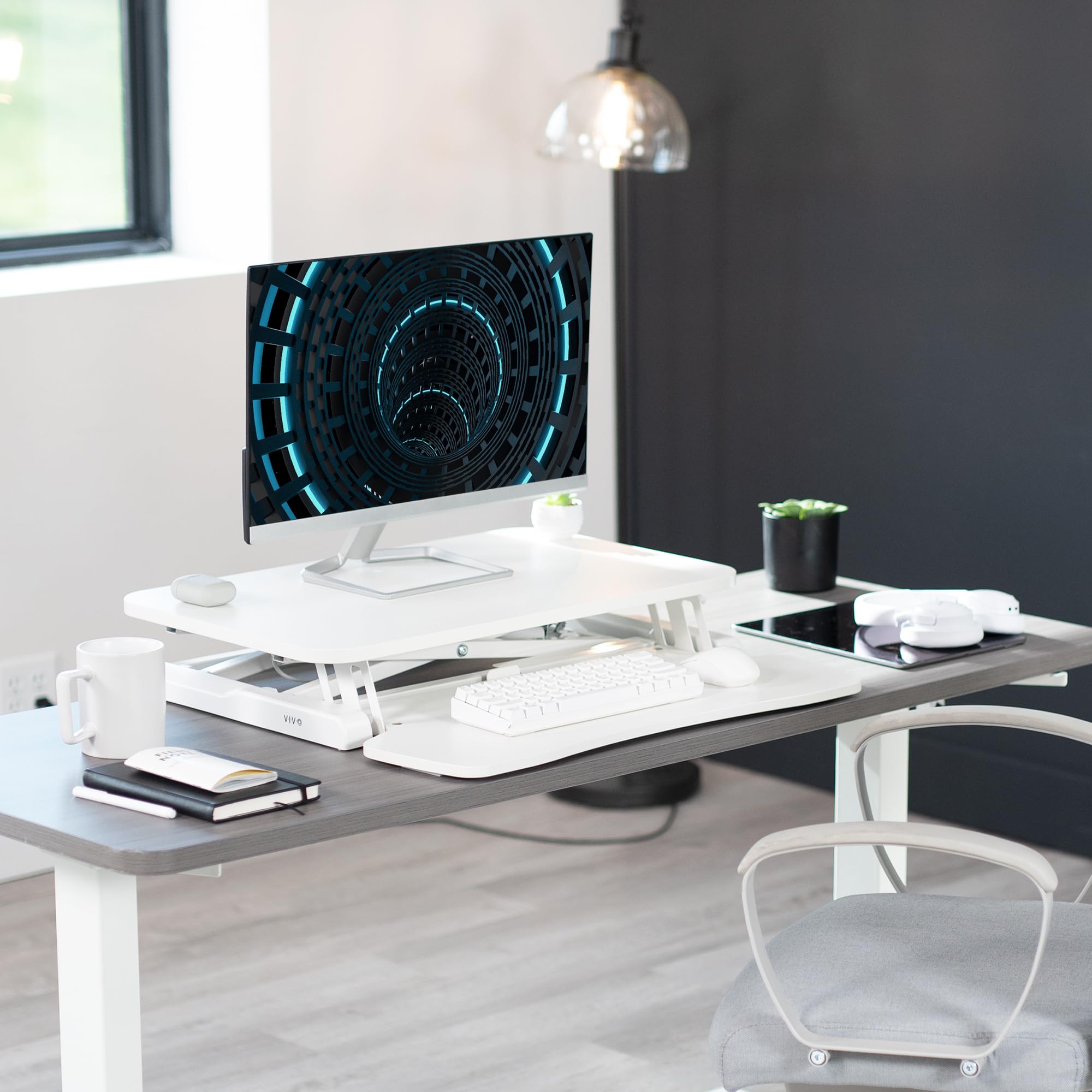 26 inch Desk Converter, K Series, Height Adjustable Sit to Stand Riser, Dual Monitor and Laptop Workstation with Keyboard Tray, White, DESK-V026KW