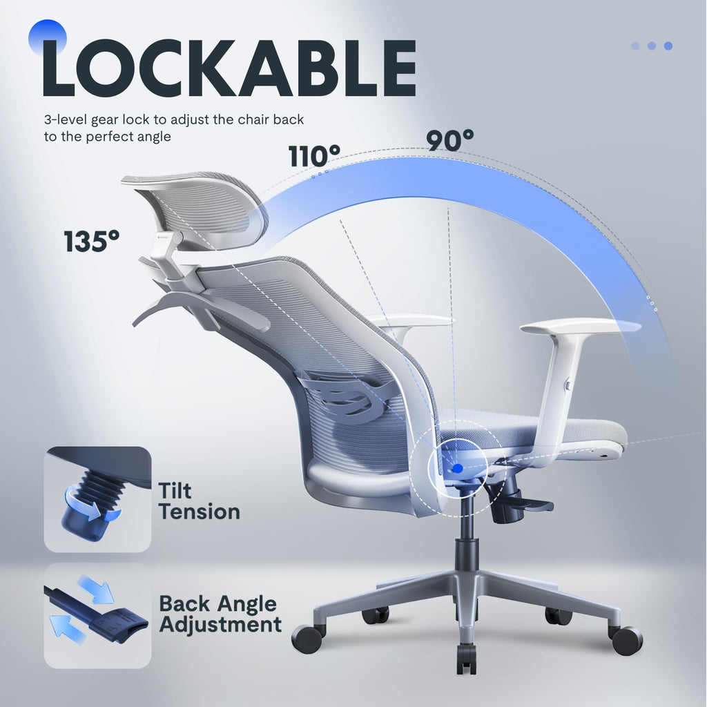 Ergonomic Office Chair, High Back Home Office Desk Chairs with Adjustable Lumbar Support, Armrests,90-130° Tilt Lock, Swivel Computer Gaming Chairs for Adults, OC3 Cloud, Light Gray