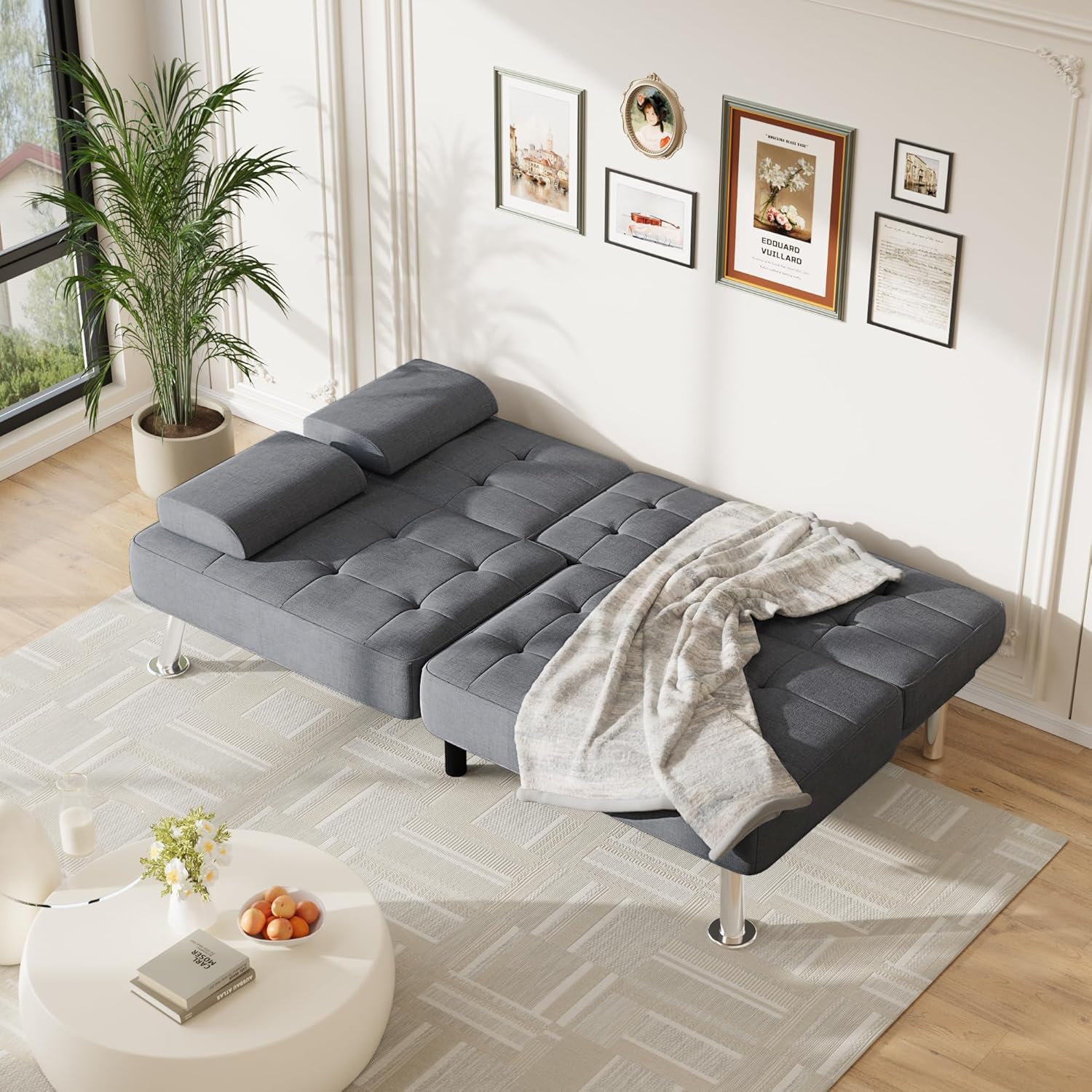 Sofa Bed Adjustable Futon Couch Sleeper Sofa Bed for Living Room, Business Office, Recliner Sofas with Cup Holders (Fabric, Gray)