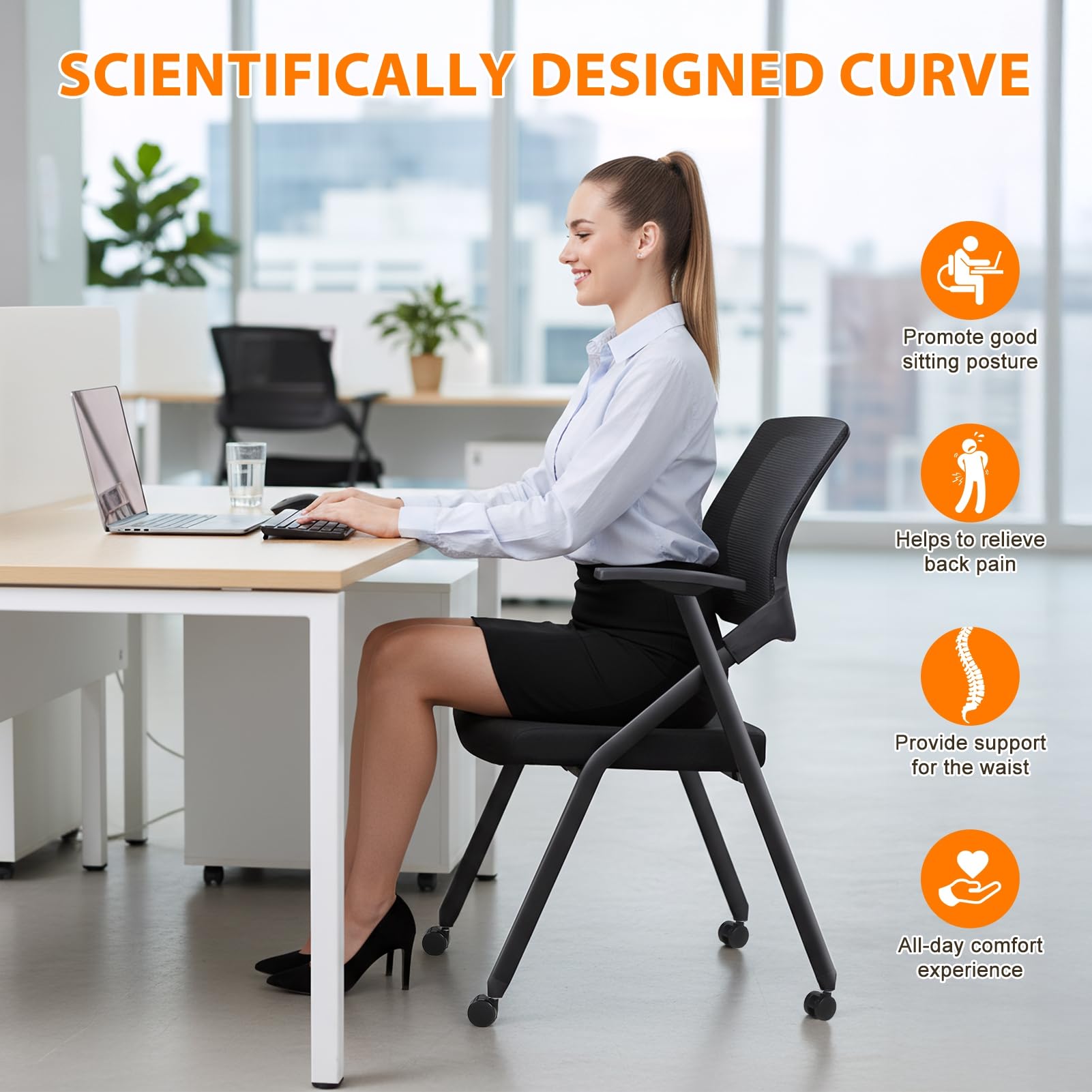 Ergonomic Foldable Office Chair with Breathable Mesh Back, Stackable Conference Chair - PU Wheels & Armrest for Guest, Meeting, Reception (Black)