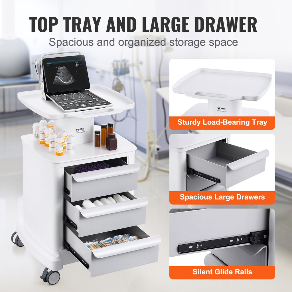 4 Tiers Lab Carts, Lab Utility Cart with 3 Drawers & 1 Top Tray, Mobile Medical Cart with ABS Material, Lab Rolling Cart with 4 Silent Wheels for Lab, Clinic, Hospital, Salon, White