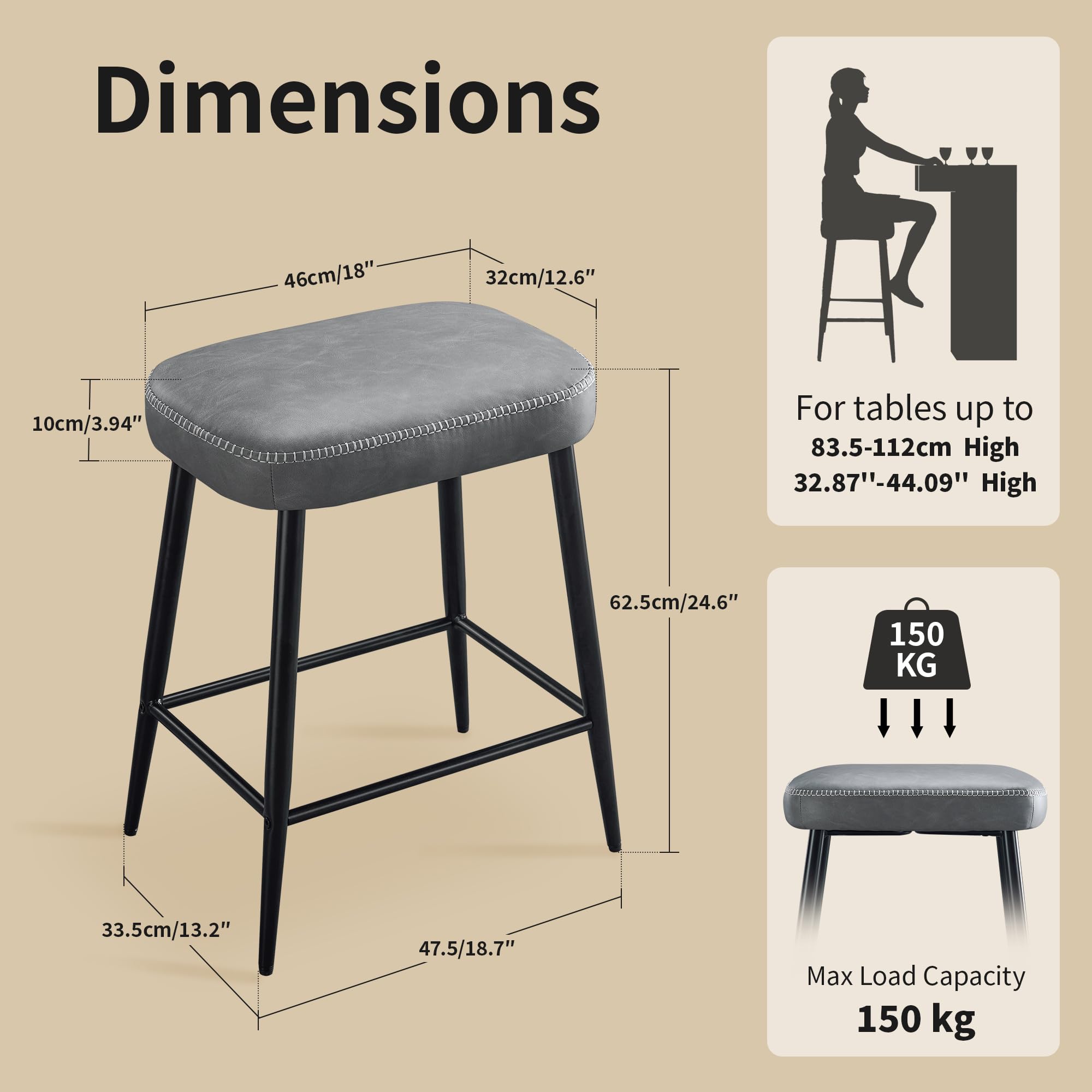 Bar Stools Set of 2, Counter Height Bar Stools for Kitchen Island, 24 Inch Kitchen Bar Stools for Kitchen Counter, Modern Leather Bar Chairs with Footrest and Metal Base, Gray