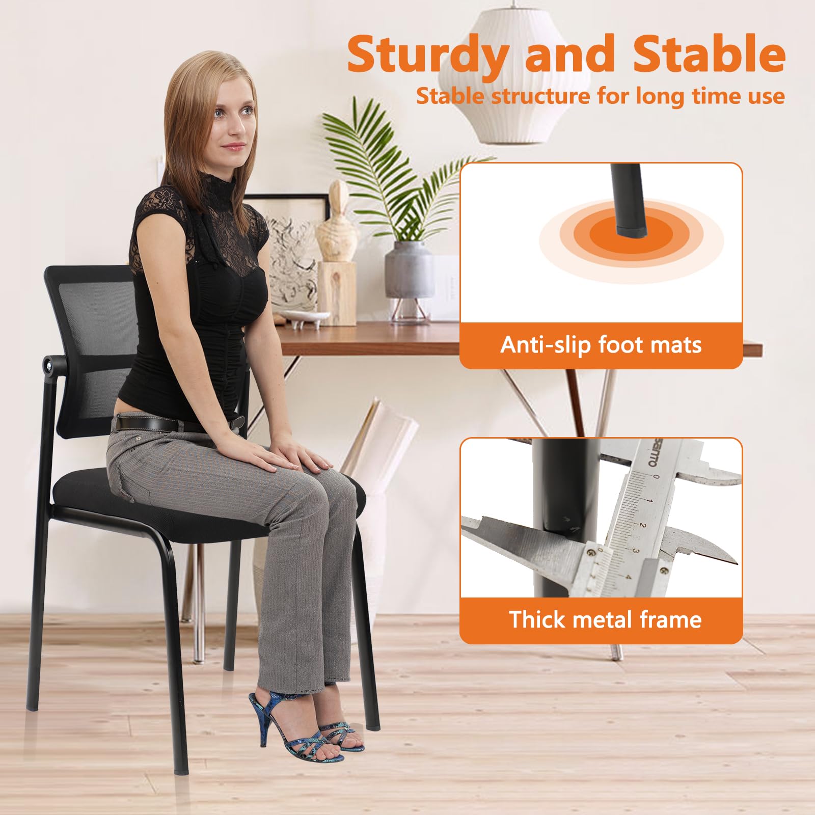CLATINA Stacking Armless Office Waiting Room Chair with Adjustable Backrest, Stackable Mesh Guest Reception Desk Chairs with Ergonomic Lumbar Support for Conference Lobby Side School, Black, 4 Pack