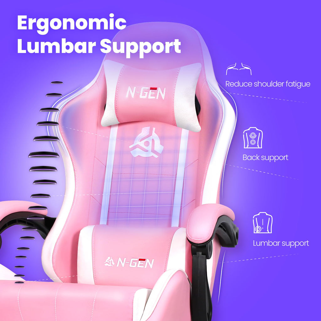 Video Gaming Chair with Footrest Lumbar Support for Home Office High Back Recliner Height Adjustable Ergonomic Comfy Leather Computer Desk Chair (Pink)