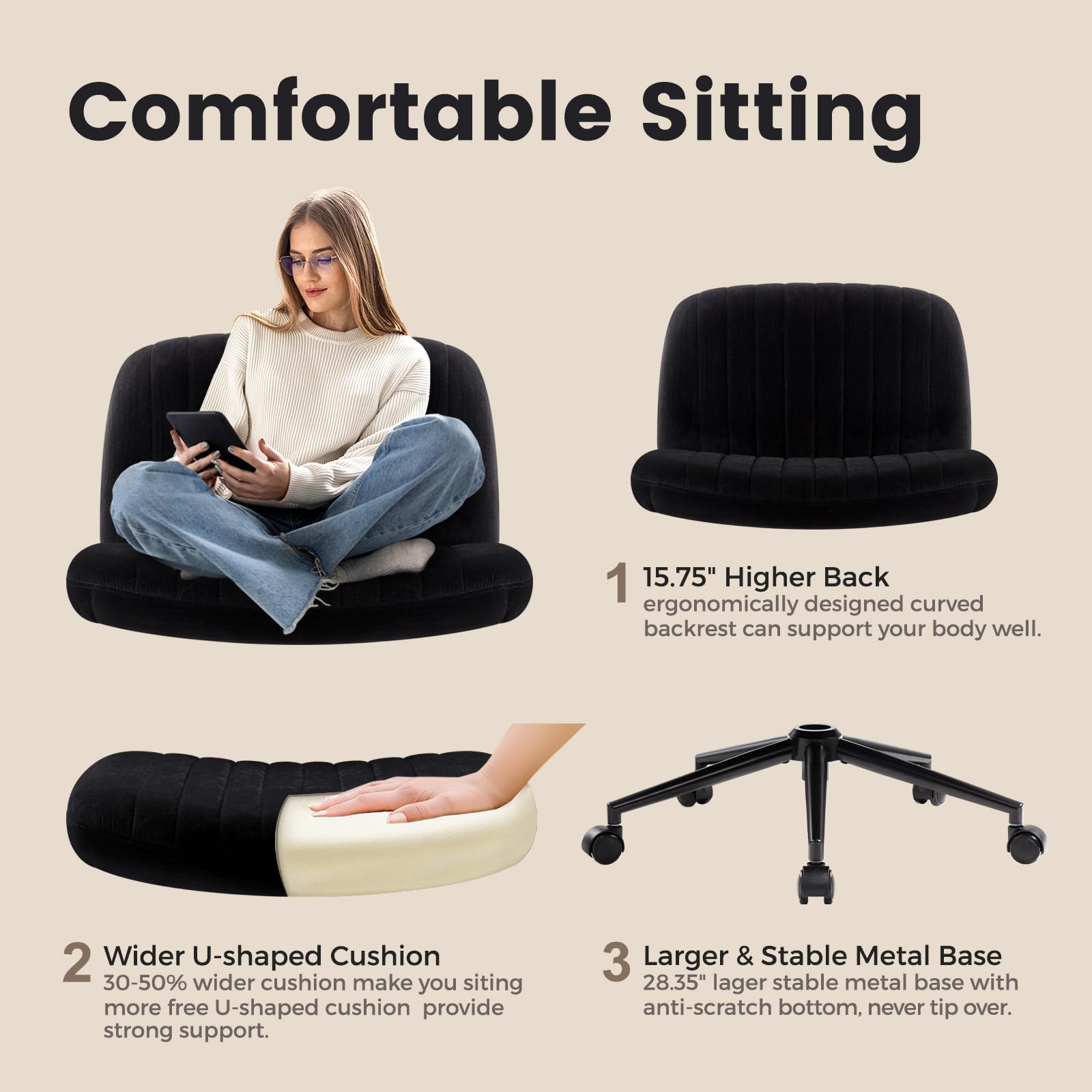 Criss Cross Chair Cross Legged Office Chair with Wheels Armless Wide Seat Desk Chairs Height Adjustable Computer Task Chairs Swivel Vanity Chair for Home Office Bedroom Make Up Small Space Black