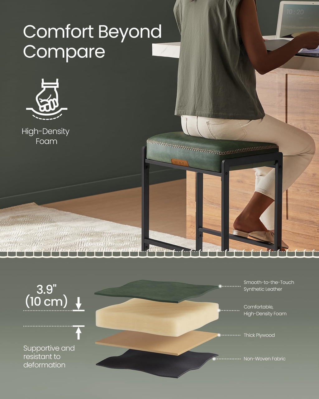 Bar Stools Set of 2, Counter Height Bar Stools, Synthetic Leather with Stitching, Mid-Century Modern Counter Stools, 26-Inch Tall, Kichen Home Bar Dining Room, Forest Green